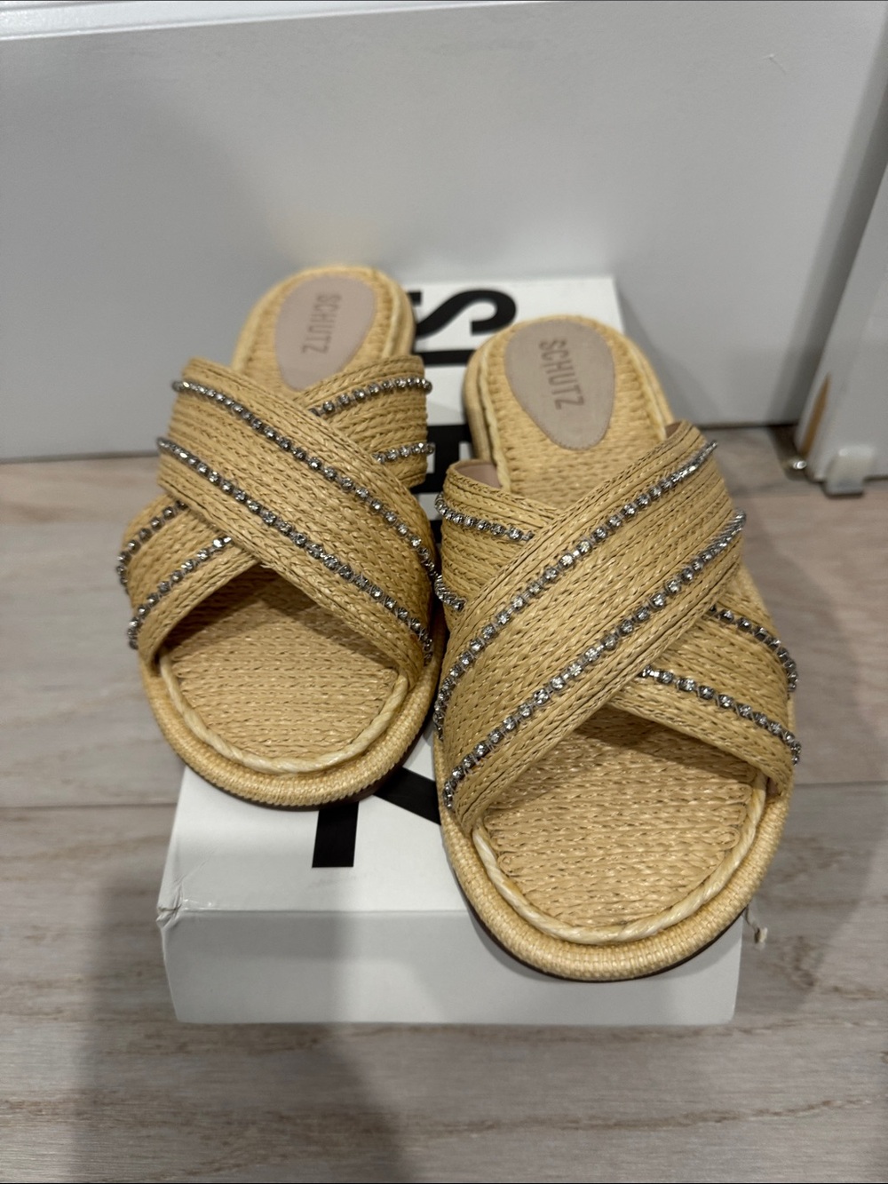 SCHUTZ Tan Woven Slide Sandals with Rhinestone Straps